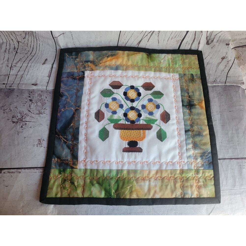 Vintage Quilted Embroidered Wall Hanging Floral Basket Textile Wall Hanging 12.5